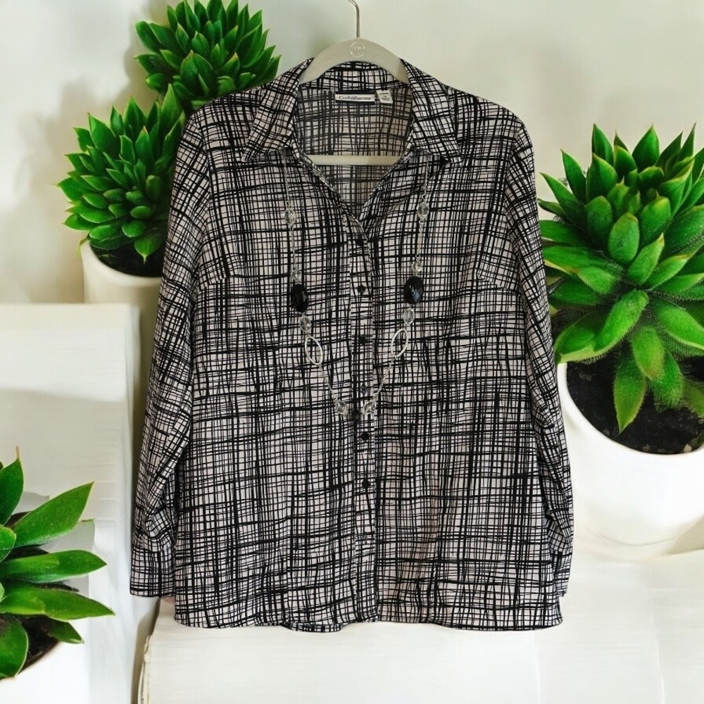 Croft & Barrow Black & White Plaid Button-Up Long Sleeve Stretch Top - M